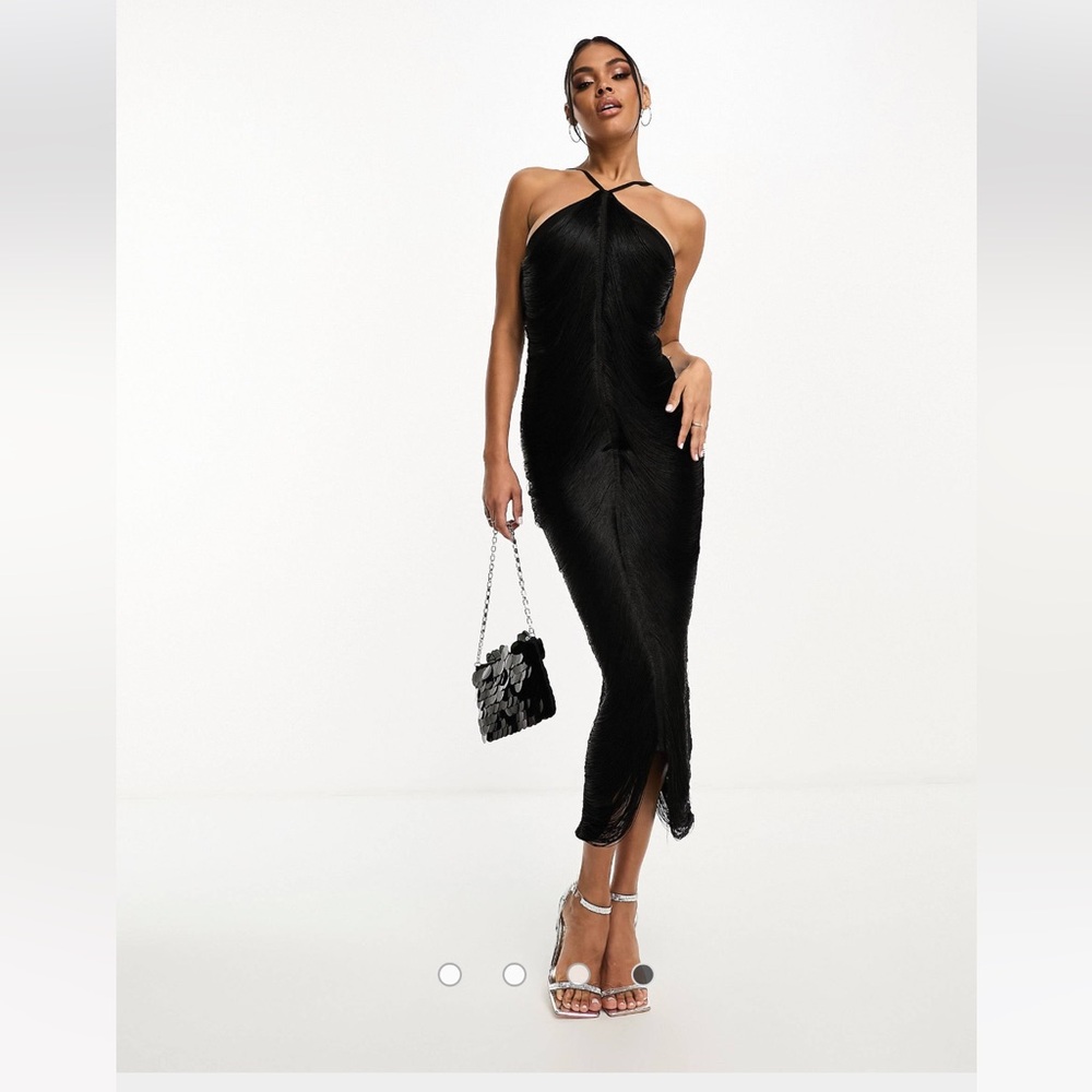 Rare London fringe detail halter neck midi dress in black, US 10
